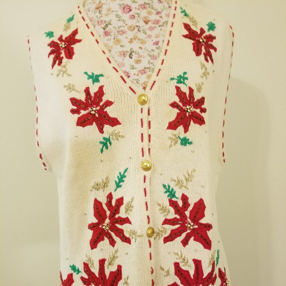 Women's VINTAGE Vest Ivory with Red Poinsettias Beaded Embroidered Size L